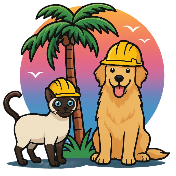 a cat and dog next to a palm tree with a setting sunset. They are wearing hard hats.